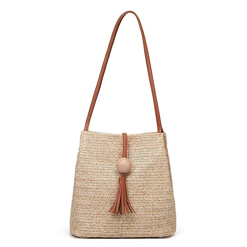 

Women's Straw Bag Beach Bag Sling Bags Shoulder Bag Straw Beading Zipper Tassel Vintage Holiday Date Going out Pink Brown