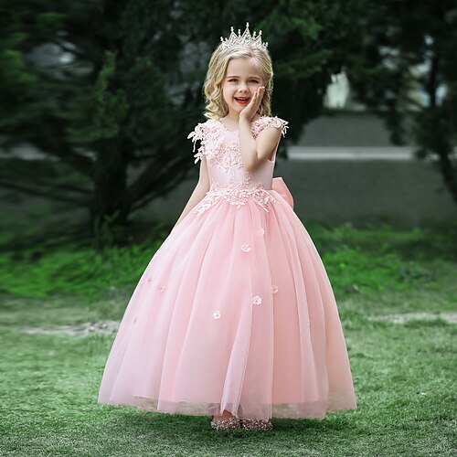 

Wedding First Communion Ball Gown Flower Girl Dresses Jewel Neck Floor Length Satin Spring Summer with Embroidery Pure Color Cute Girls' Party Dress Fit 3-16 Years