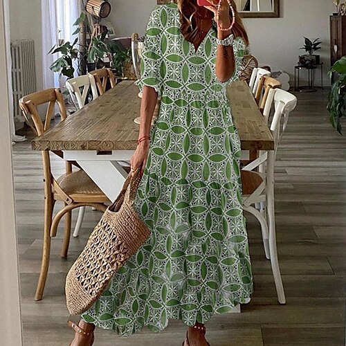 

Mulheres Vestido Swing Verde Manga Curta Imprimir Primavera Verão Decote V Final de semana Ajuste Largo 2022 S M L XL XXL