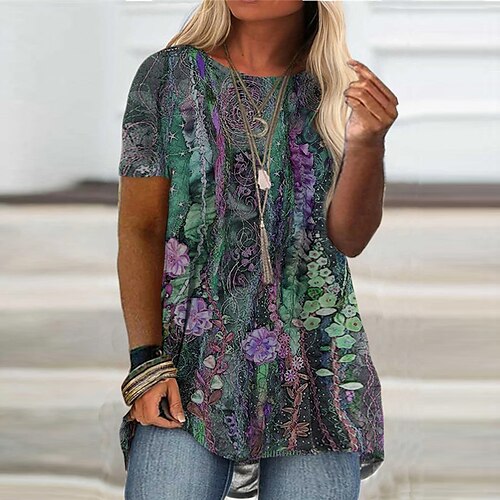 

Women's Plus Size Curve Tops Blouse Shirt Floral Print Short Sleeve Crewneck Vintage Streetwear Daily Going out Polyester Spring Summer Green Blue