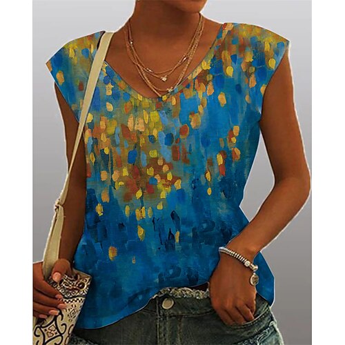 

Women's T shirt Tee Blue Graphic Patchwork Print Short Sleeve Casual Daily Basic V Neck Regular Painting S / 3D Print