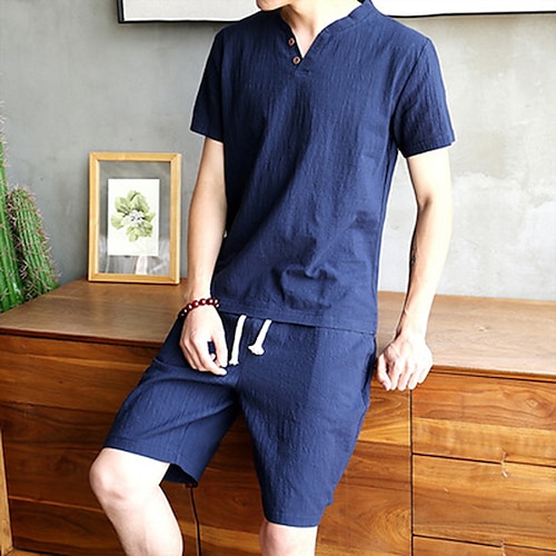 

Men's Casual Shirt Solid Colored Henley Khaki Dark Gray Navy Blue Light Blue White Outdoor Street Short Sleeve Button-Down Clothing Apparel Classic / Summer / Summer