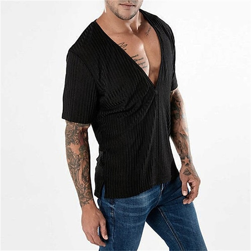 

Hombre Camiseta Color sólido Escote en Pico Negro Casual Diario Manga Corta Ropa Algodón Deportes Moda Ligeras Grande y alto / Verano