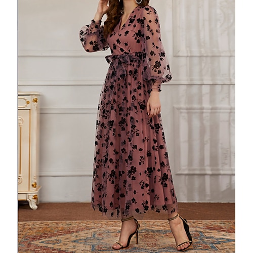 

Women's Party Dress Lace Dress Swing Dress Long Dress Maxi Dress Black Blue Wine Long Sleeve Butterfly Lace Fall Spring V Neck Wedding Party Winter Dress Slim Mesh S M L XL