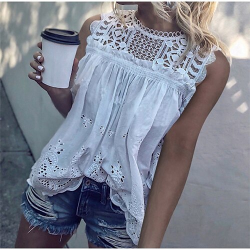 

Women's Tank Top Vest White Plain Cut Out Flowing tunic Sleeveless Daily Weekend Streetwear Casual Round Neck Regular S