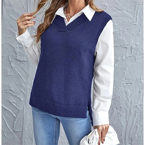 Femme Pull Gilet mode basique Décontractées Couleur monochrome Col V Tricoté Sans Manches Tricoter Ecole du quotidien Sortie Noir Vin Eté Printemps