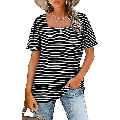 

Women's popular smocked striped square neck short-sleeved t-shirt Women's top Women's clothing