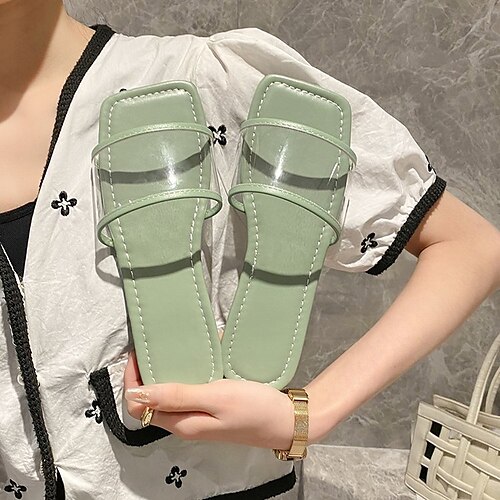 

Femme Sandales Chaussures claires Grandes Tailles Pantoufles d'extérieur du quotidien Eté Talon Plat Bout ouvert Casual PVC Mocassins Couleur Pleine Noir / blanc Noir Vert clair