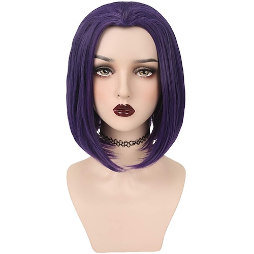 

Dark Purple Wigs Ladies Teenage Superhero Purple Short Straight Wig With Widow Peak Synthetic Cosplay Wig For Halloween Costume Party Anime Wig 12inch