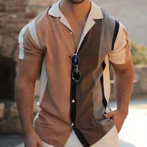 

Men's Shirt Bowling Shirt Color Block Turndown Street Casual Button-Down Print Short Sleeve Tops Casual Fashion Breathable Comfortable Black Khaki Blue / White