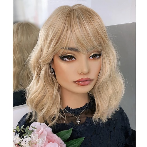 

Blonde Wigs with Bangs Curly Short Wavy Bob Mix Blonde Wig With Bangs Women Shoulder Length Colorful Cosplay Synthetic Wig