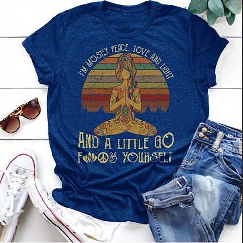 

Women's T shirt Tee Green Blue Wine Graphic Peace & Love Print Short Sleeve Casual Weekend Basic Round Neck Regular Painting S