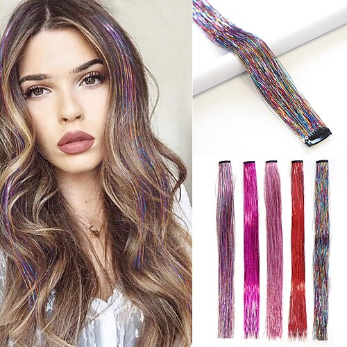 

5pc/set Hair Tinsel Clip in Hair Tinsel Kit Rainbow Heat Resistant Fairy Hair Glitter Sparkling Shiny Hair Extensions Easy to Install Hair Holographic Sparkle 22 Inch