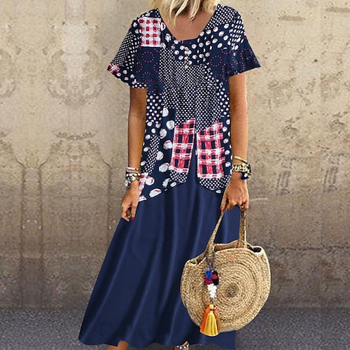 

Women's Shift Dress Knee Length Dress Navy Blue Short Sleeve Geometric Print Spring Summer V Neck Casual Boho 2022 S M L XL XXL 3XL 4XL 5XL