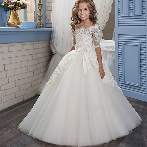 

Kids Little Girls' Dress Plain A Line Dress Wedding Special Occasion Ruched Mesh Lace White Asymmetrical Short Sleeve Princess Sweet Dresses Fall Spring Regular Fit 4-12 Years