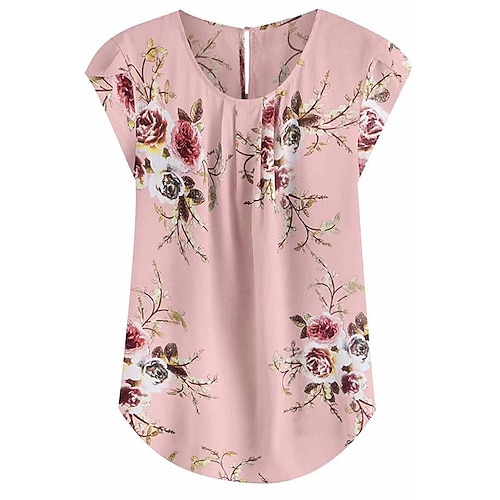 

Women's Plus Size Tops T shirt Flower Short Sleeve Crew Neck Simple Vintage Home Daily Polyester Spring Summer Blue White