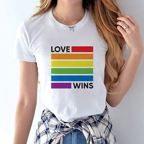 

Women's T shirt Tee White Rainbow Text Print Short Sleeve Casual Weekend Basic LGBT Pride Round Neck Regular Painting S