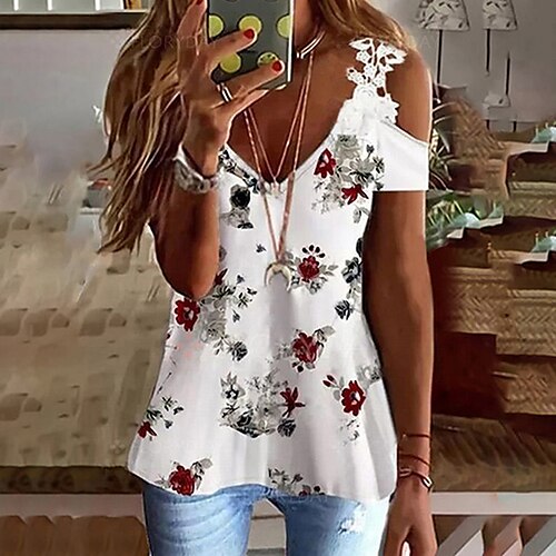 

Damen T Shirt Weiß Rote Königsblau Blumen Batik Spitze Kalte Schulter Kurzarm Casual Festtage Basic V Ausschnitt Standard Blume Farbe S