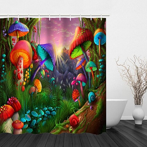 

Funny and Cute Fantasy Colorful Mushroom Psychedelic Series Printing Four-piece Shower Curtain Hook Modern Polyester Machined Waterproof Bathroom