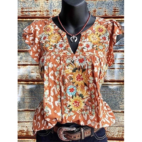 

Women's Plus Size Tops T shirt Tee Floral Ruffle Print Short Sleeve Crewneck Streetwear Daily Going out Polyester Spring Summer Yellow