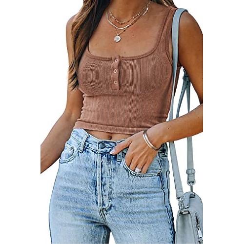 

Womens Cute Summer Crop Top Teen Girls Square Neck Sexy Henley Sleeveless Ribbed Trendy Cropped Tank Tops Rust Red
