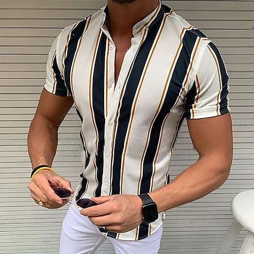 

Men's Casual Shirt Striped Turndown Casual Daily Button-Down Short Sleeve Tops Casual Fashion Comfortable Sports Black / White