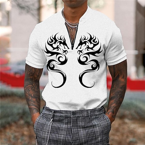 

Men's Collar Polo Shirt Golf Shirt Animal Dragon V Neck Blue White Black Hot Stamping Casual Daily Short Sleeve Zipper Print Clothing Apparel Fashion Designer Casual Breathable / Sports
