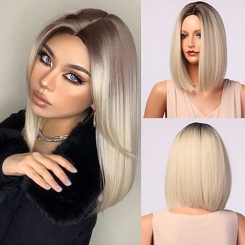 

Light White Blonde Ombre Short Bob Wigs for Women Synthetic Straight Hair Wig Natural Cosplay Party Middle Part Wigs