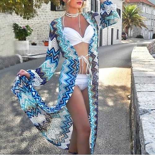 

Women's Swimwear Cover Up Beach Top Normal Swimsuit Mesh Lace Hole Striped Blue V Wire Bathing Suits Sexy Beach Wear Cut Out / Vacation / New / Loose
