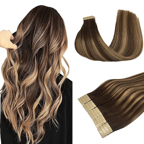 

Human Hair Extensions Tape in Balayage Chocolate Brown to Caramel Blonde 14-24 Inch Natural Tape in Hair Extensions Seamless Straight Real Remy Hair Extensions 50g 20pcs
