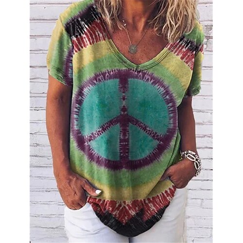 

Women's T shirt Tee Green Tie Dye Peace & Love Print Short Sleeve Casual Weekend Basic V Neck Regular Abstract Painting S / 3D Print