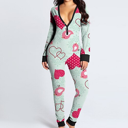 

Women's Pajamas Onesies Jumpsuits Nighty Heart Fashion Simple Comfort Home Daily Bed Polyester Breathable Gift V Wire Long Sleeve Fall Spring Green Pink / Pjs / Print