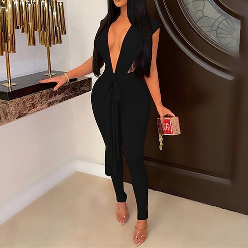 

Women's Jumpsuit Lace up Cut Out Solid Color Deep V Casual Party Street Regular Fit Short Sleeve Red White Black S M L Fall