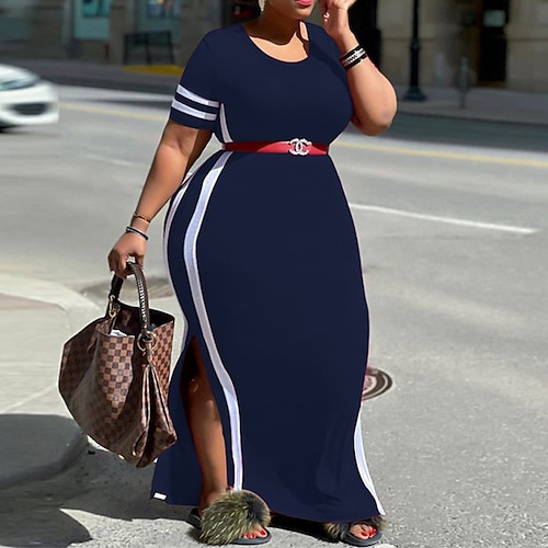 

Women's Plus Size Curve Sheath Dress Striped Round Neck Print Short Sleeve Spring Summer Casual Sexy Preppy Maxi long Dress Causal Daily Dress / Long Sleeve