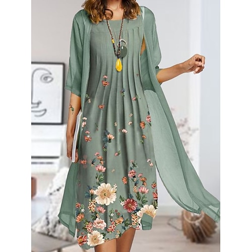 

Women's Dress Set Two Piece Dress Midi Dress Green Half Sleeve Floral Ruched Fall Spring Autumn Crew Neck 2022 S M L XL XXL 3XL