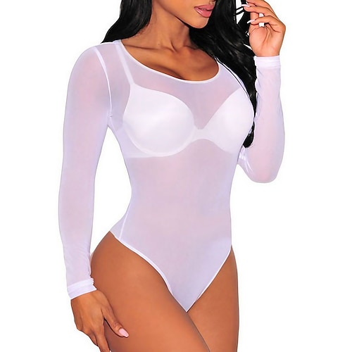 

Women's Sexy Bodies Teddies & Bodysuits 1 pc Pure Color Simple Fashion See Through Home Daily Bed Polyester Breathable Crew Neck Long Sleeve Mesh Basic Spring Summer White Black / Soft / Transparent