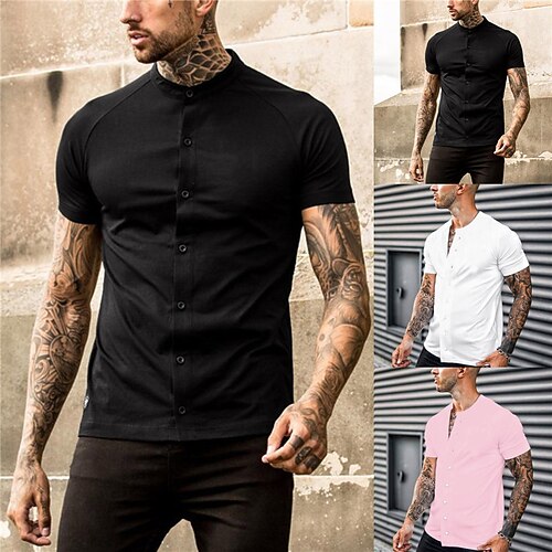 

Men's Casual Shirt Solid Color Stand Collar Pink White Black Outdoor Street Short Sleeve Button-Down Clothing Apparel Fashion Casual Breathable Comfortable / Summer / Summer
