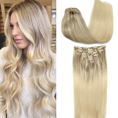 

Clip in Hair Extensions Ombre Ash Blonde to Golden Blonde and Platinum Blonde Remy Human Hair Extensions Clip in Real Natural Hair Extensions Straight Thick 120g 14-22 Inch