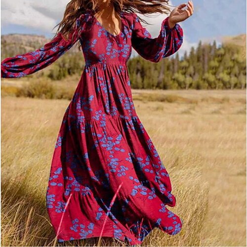 

Women's Casual Dress Swing Dress Long Dress Maxi Dress Green Red Long Sleeve Print Winter Fall Spring Crew Neck Fall Dress 2022 S M L XL XXL XXXL