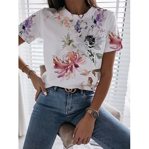 

Women's T shirt Tee White Floral Plants Print Short Sleeve Casual Daily Basic Round Neck Regular Floral S