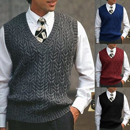 

Men's Sweater Sweater Vest Pullover Cable Knit Knitted Solid Color V Neck Stylish Vintage Style Formal Outdoor Clothing Apparel Winter Fall Black Wine S M L