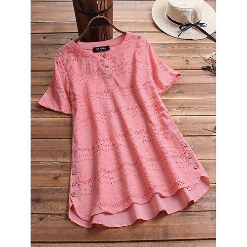 

Women's Blouse Shirt Pink White Plain Button Short Sleeve Daily Weekend Streetwear Casual Round Neck Regular Cotton M