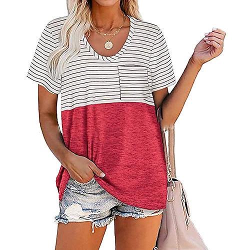 

Women's T shirt Tee Green Pink Navy Blue Striped Short Sleeve Casual Daily Basic Round Neck Regular S