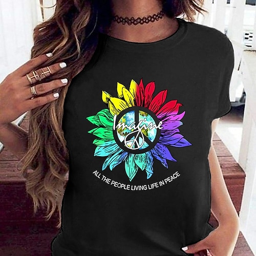 

Women's T shirt Tee Green Pink White Sunflower Peace & Love Print Short Sleeve Casual Holiday Basic Round Neck Regular Floral Painting S