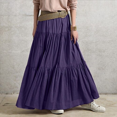 

Women's Skirt Swing Maxi Linen / Cotton Blend Purple Wine Brown Black Skirts Summer Ruffle Without Lining Fashion Vacation Casual Daily S M L / Loose Fit