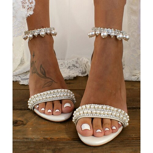 

Women's Sandals Wedding Office Wedding Sandals Rhinestone Pearl Chunky Heel Open Toe Elegant Sexy Faux Leather Ankle Strap Solid Colored White