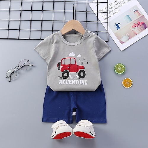 

2 Pieces Kids Boys T-shirt Shorts Clothing Set Outfit Cartoon Car Short Sleeve Cotton Set Daily Comfort Summer 1-5 Years Gray