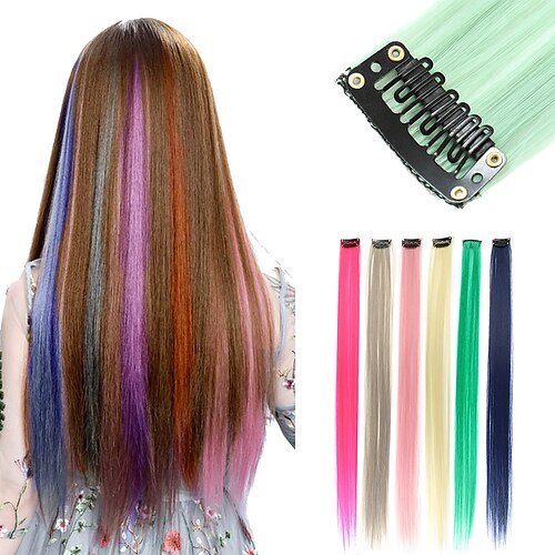 

6Pcs/set 12Pcs/set Colored Party Highlights Clip on in Hair Extensions Multi-Colors Hair Streak Synthetic Hairpieces