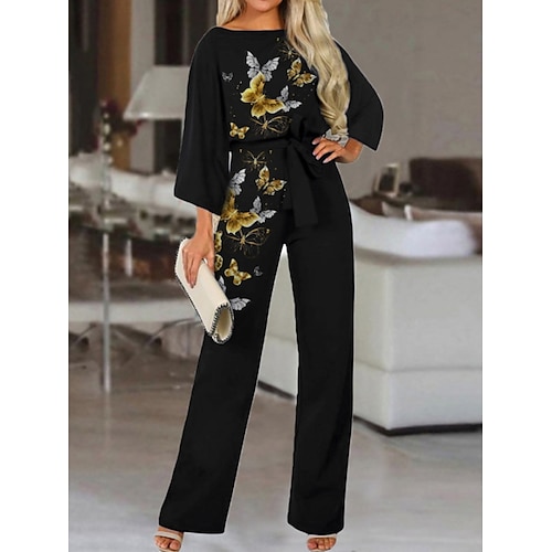 

Women's Jumpsuit Print Butterfly Crew Neck Elegant Daily Vacation Straight Regular Fit Long Sleeve Black S M L Spring
