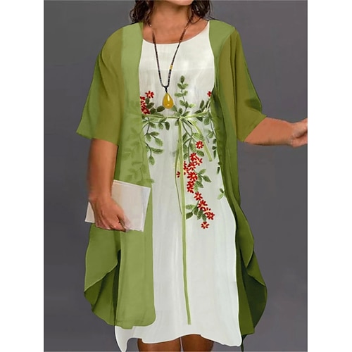 

abito da donna taglie forti in due pezzi girocollo floreale stampa mezza manica autunno primavera lavoro abito casual al ginocchio abito casual quotidiano
